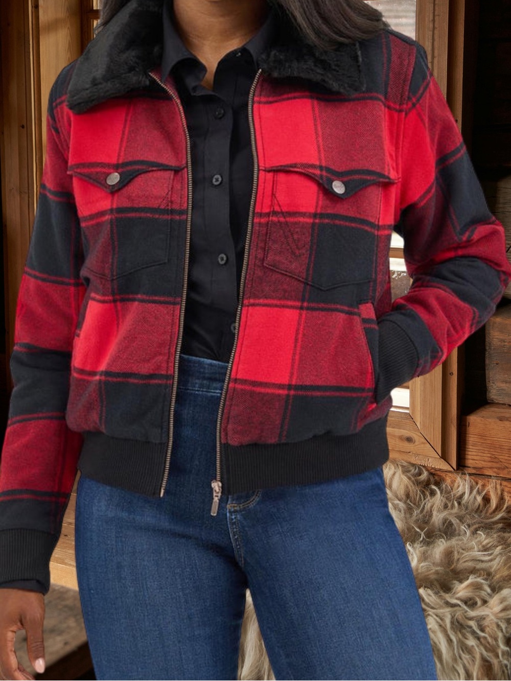 Women Wrangler retro lumberjack red buffalo plaid Bomber Jacket faux fur Small